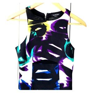 Bebe crop top. Mesh Colorful printed black top. Xs